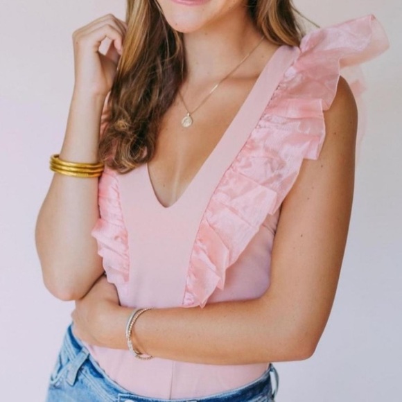 NWOT Intimately Free People Pink Rose Ruffle Flutter Sleeve Bodysuit - Picture 9 of 9